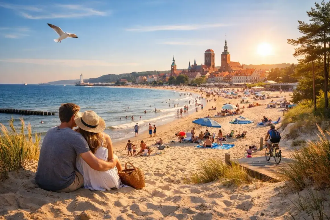 Para zakochanych na plaży, w tle tętniąca życiem linia brzegowa Bałtyku z Gdańskiem i latarnią morską.