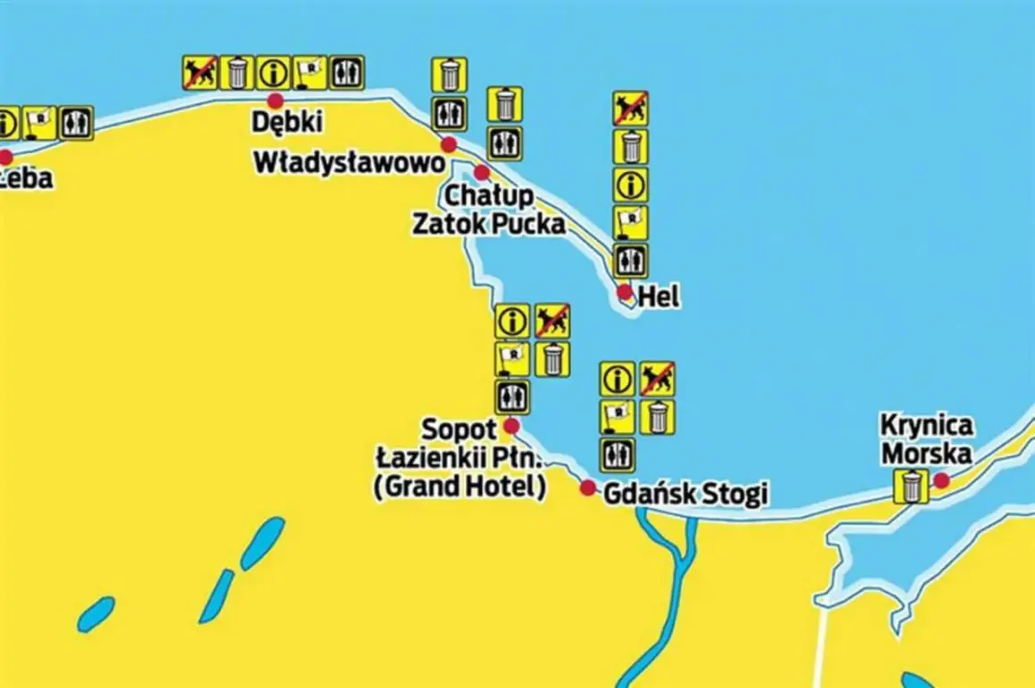 Mapa polskich miejscowości nad morzem: Łeba, Dębki, Władysławowo, Chałupy, Hel, Sopot, Gdańsk Stogi, Krynica Morska. Znaki informują o zasadach na plażach.