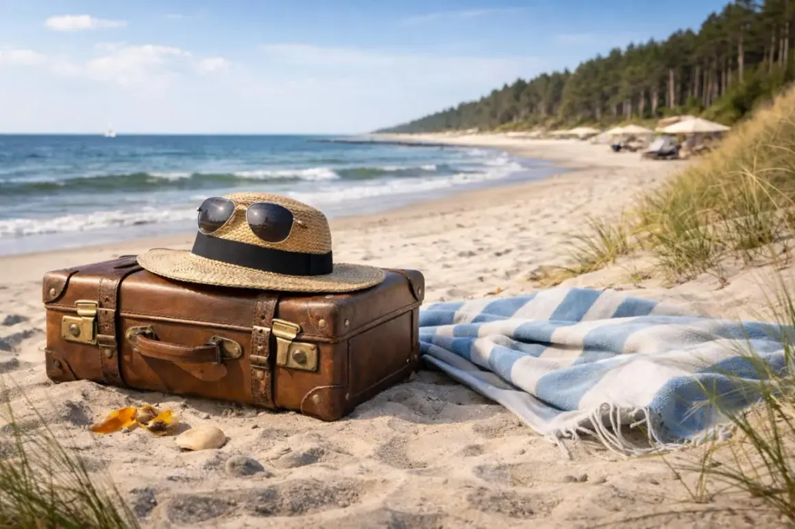 Walizka, kapelusz i okulary na plaży nad Bałtykiem. Informacje o wakacjach nad morzem.