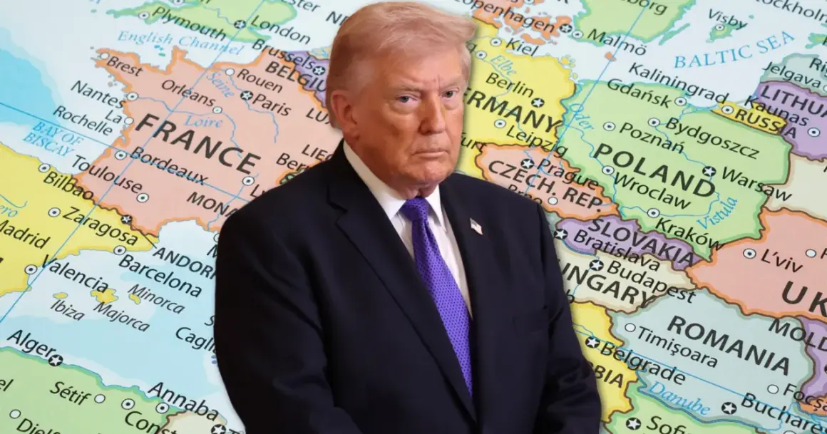 Donald Trump na tle mapy Europy z zaznaczonymi Niemcami i Polską.
