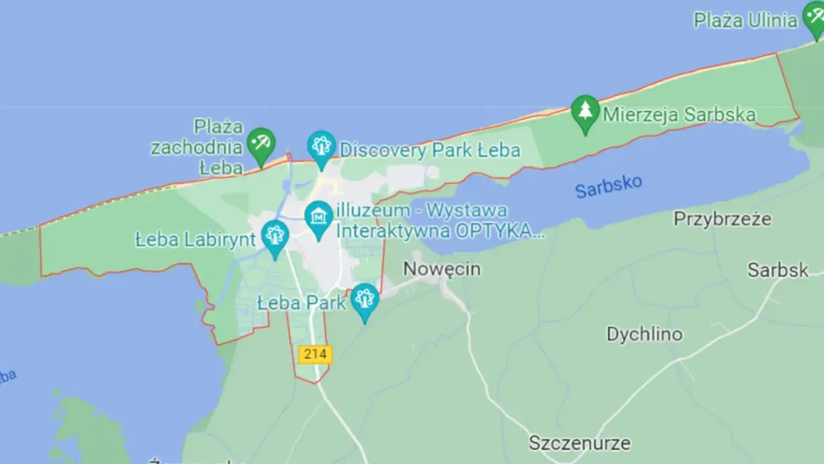 Mapa pokazuje atrakcje w Łebie: plaże, parki, labirynt i muzeum. Gdzie jest Łeba? Tutaj!