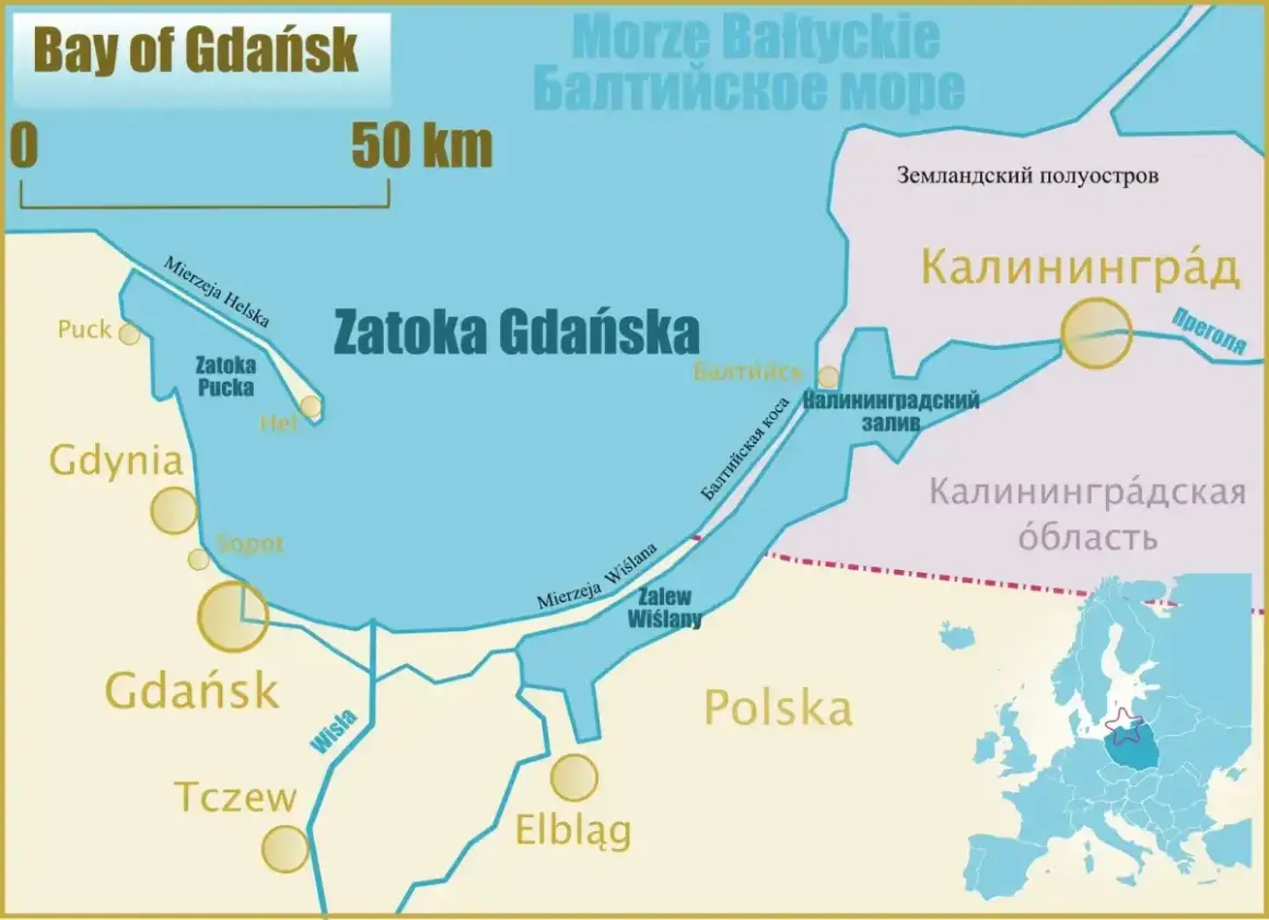 Mapa Zatoki Gdańskiej i okolic. Widać tu rzekę Wisłę, która wpływa do Bałtyku, a także Zalew Wiślany.