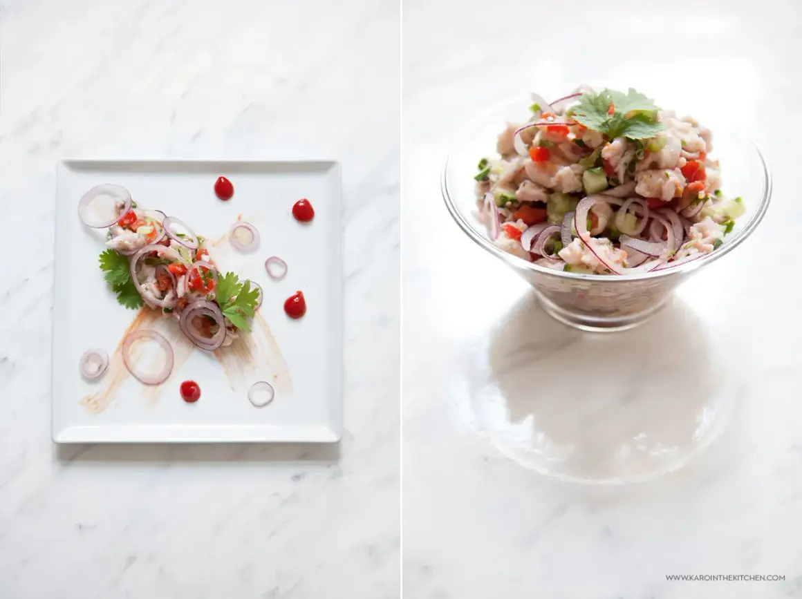 Pyszne ceviche z ryby, pomidorów, ogórka i czerwonej cebuli, podane na talerzu i w misce.