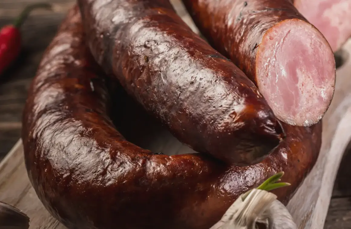 Aromaticzna kiełbasa lisiecka, wędzona i rumiana, z widocznym przekrojem ukazującym soczyste mięso. Obok czosnek i papryczka chili.