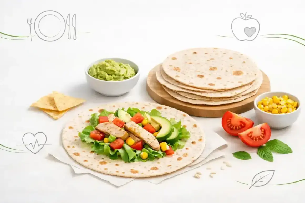 Czy tortilla jest zdrowa? Na talerzu pełnym świeżych warzyw, kurczaka i guacamole, stosik tortilli czeka na przygotowanie.