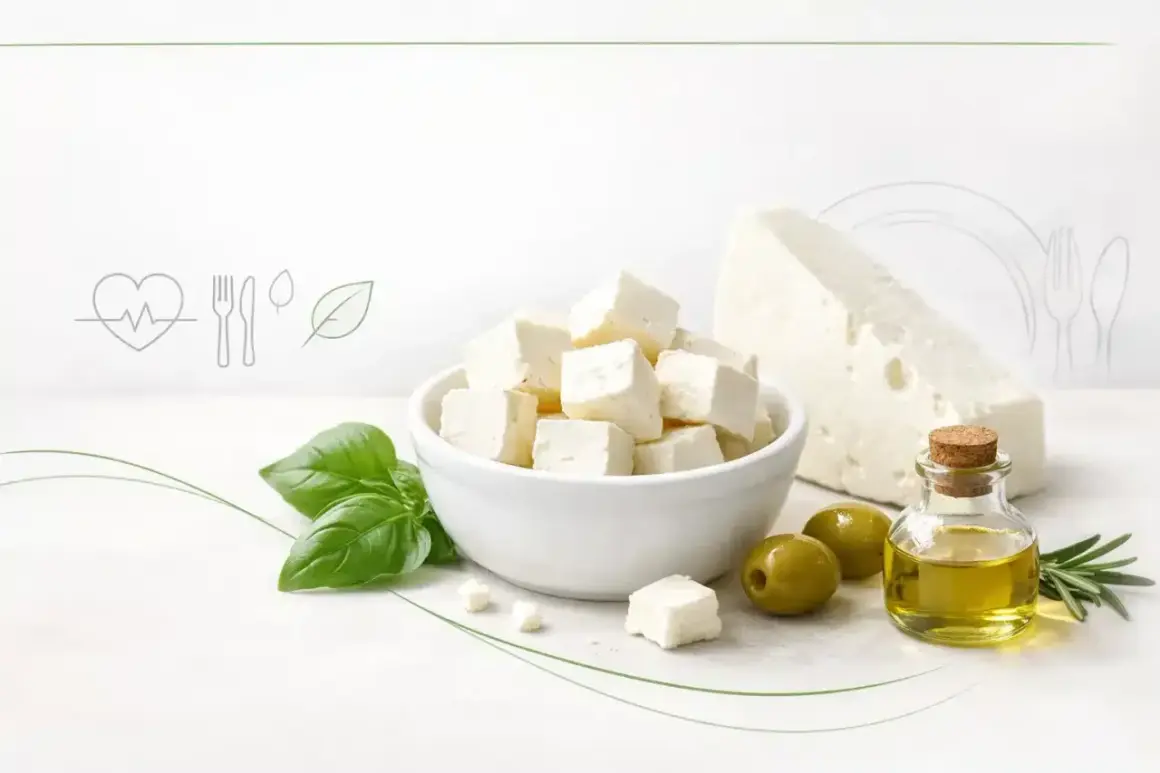 Czy ser feta jest zdrowy? Kostki sera feta w misce, oliwki, oliwa z oliwek i bazylia sugerują zdrową, śródziemnomorską dietę.