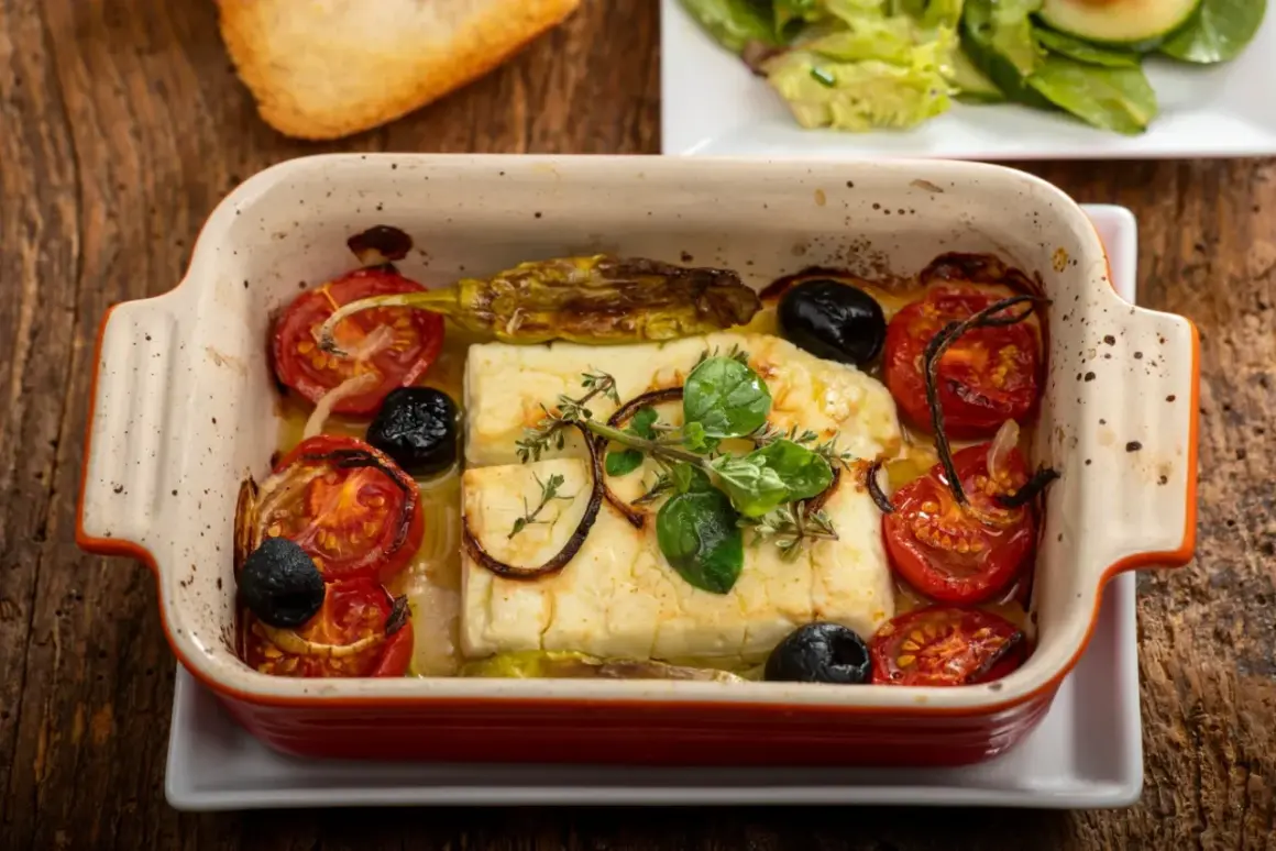 Pyszna pieczona feta z pomidorkami, oliwkami i ziołami w ceramicznym naczyniu. Idealna na lekki posiłek.