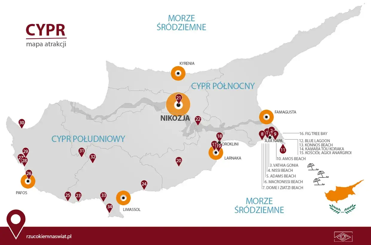 Mapa atrakcji Cypru, ukazująca jego geografię i główne punkty turystyczne, od Pafos po Ayia Napa.