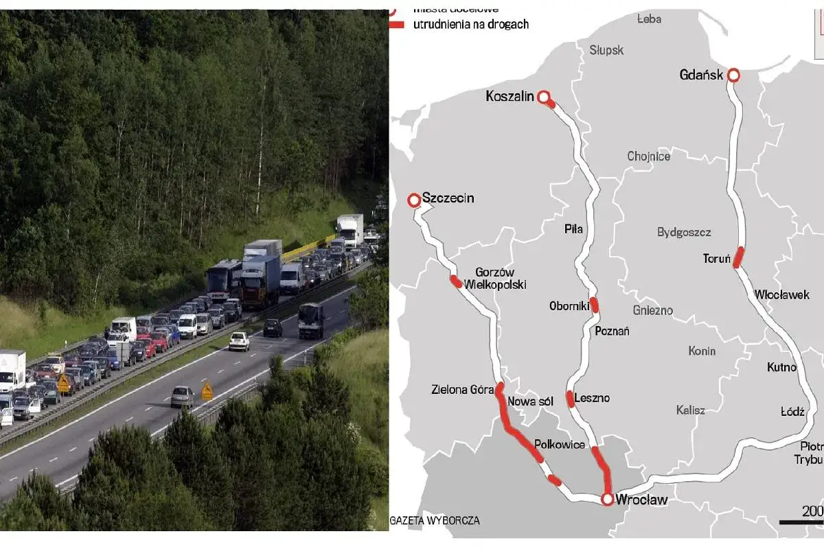 Mapa pokazuje, gdzie najbliżej nad morze z Wrocławia, z zaznaczonymi utrudnieniami na drogach i korkiem samochodów na autostradzie.