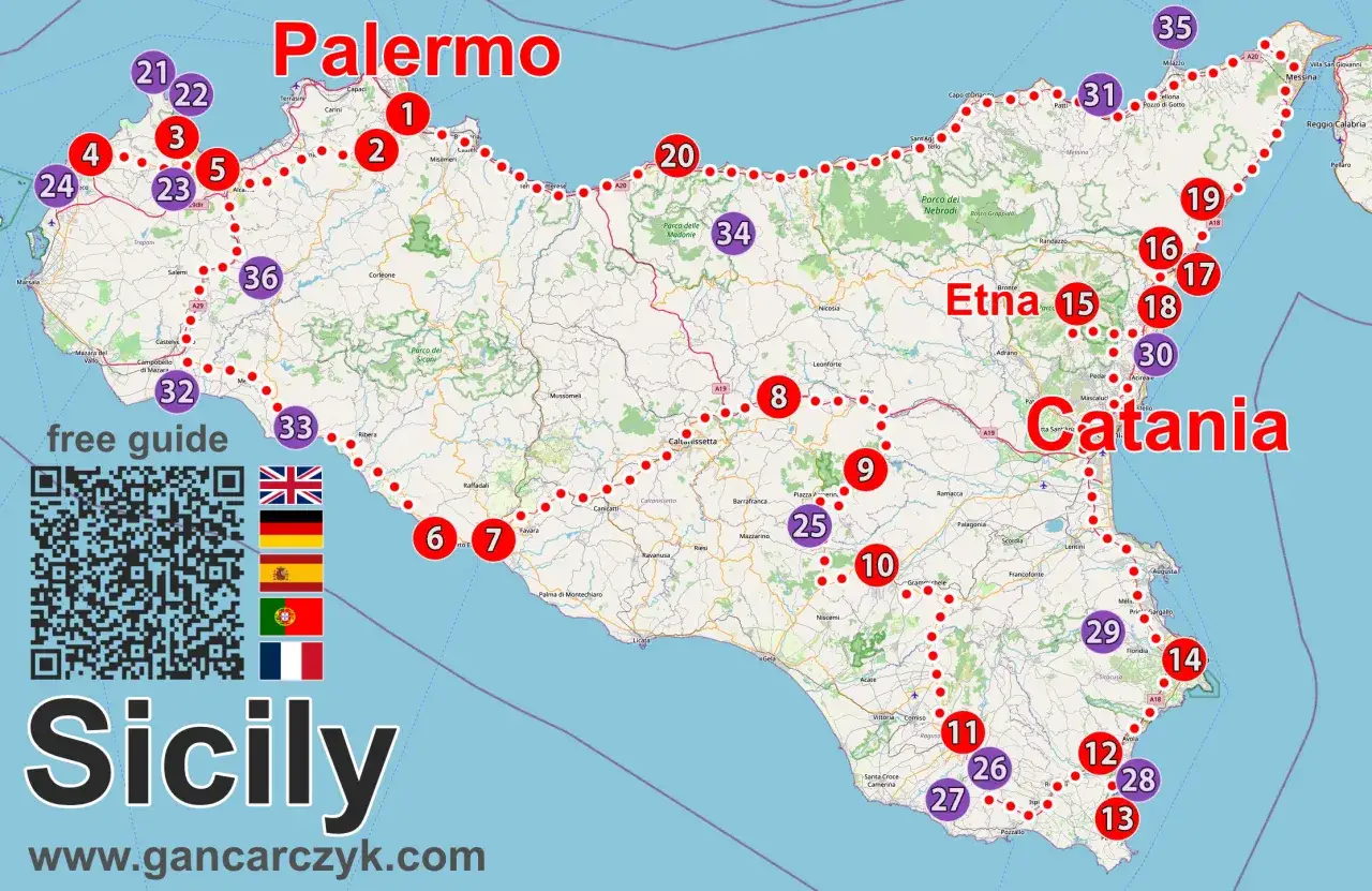 Sycylia jakie morze? Mapa pokazuje wybrzeża Sycylii, od Palermo po Katanię, z zaznaczonymi trasami i atrakcjami.