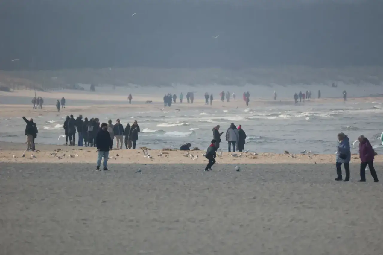 Ludzie spacerują po plaży, ciesząc się widokiem morza. Dziecko gra w piłkę, a mewy krążą w powietrzu. To typowy widok, gdy płaci się opłatę klimatyczną nad morzem.
