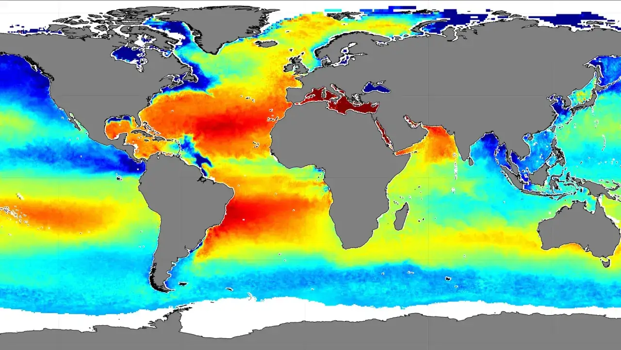 Mapa świata z kolorami wskazującymi zasolenie oceanów. Czerwone obszary oznaczają najbardziej zasolone morze, np. Morze Śródziemne.