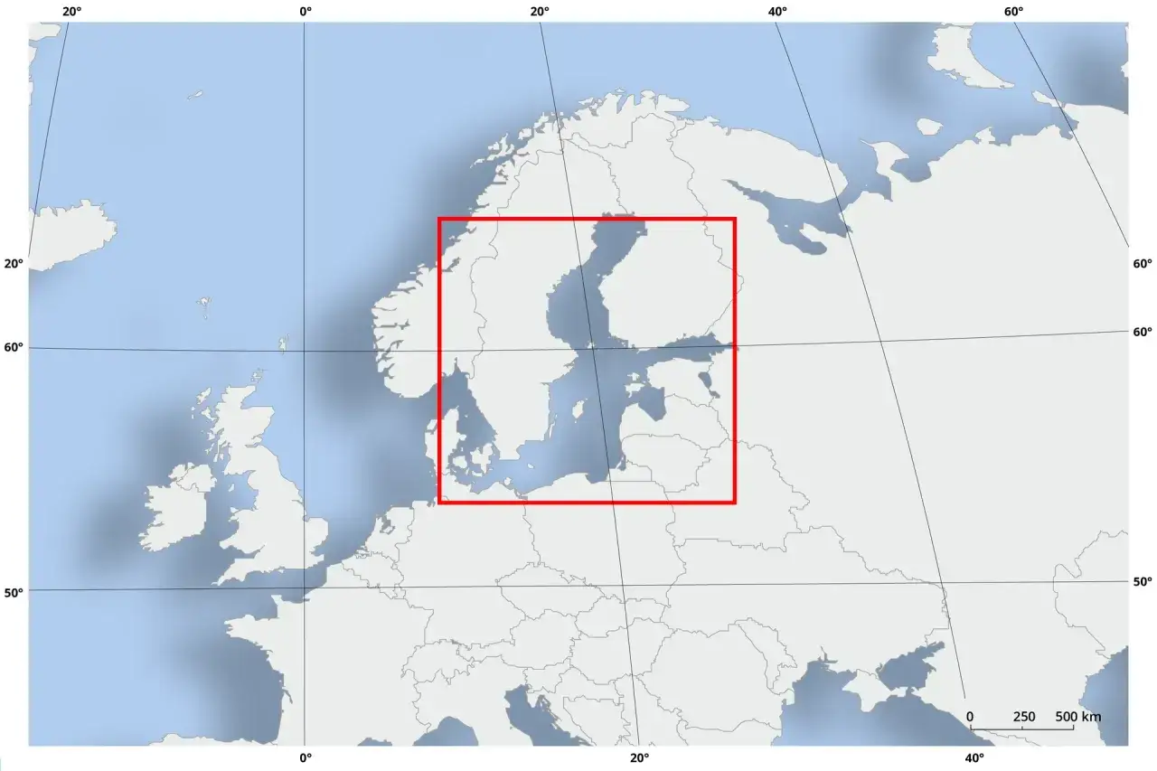 Mapa Europy Północnej z zaznaczonym obszarem Morza Bałtyckiego. Czy Norwegia ma dostęp do Bałtyku? Mapa pokazuje jej zachodnie wybrzeże, ale nie sięga do Bałtyku.