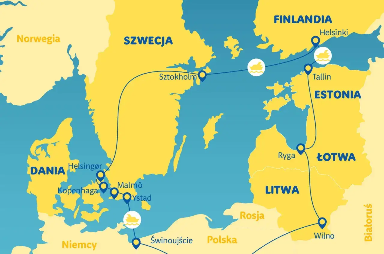 Mapa pokazuje trasę rejsu po Bałtyku, łączącą miasta takie jak Kopenhaga, Sztokholm, Helsinki, Tallin, Ryga i Wilno.