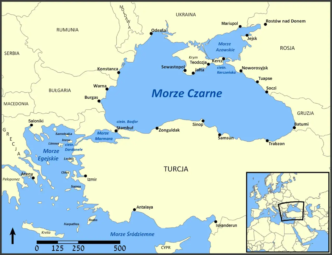 Mapa Morza Czarnego. Mołdawia nie ma dostępu do morza, leży na północ od Rumunii i Ukrainy.
