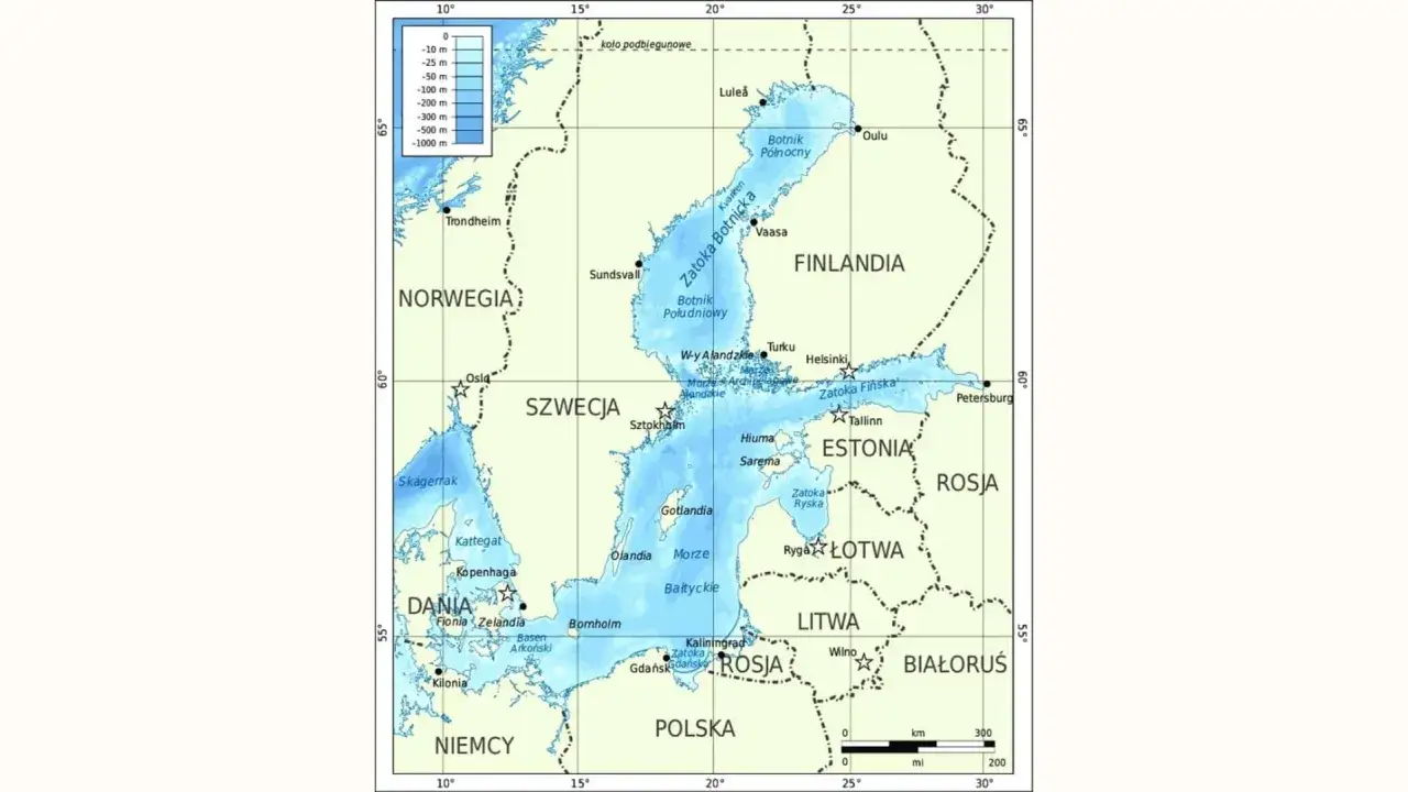 Mapa Morza Bałtyckiego z zaznaczonymi głębokościami. Ile km ma morze bałtyckie? Odpowiedź na mapie!