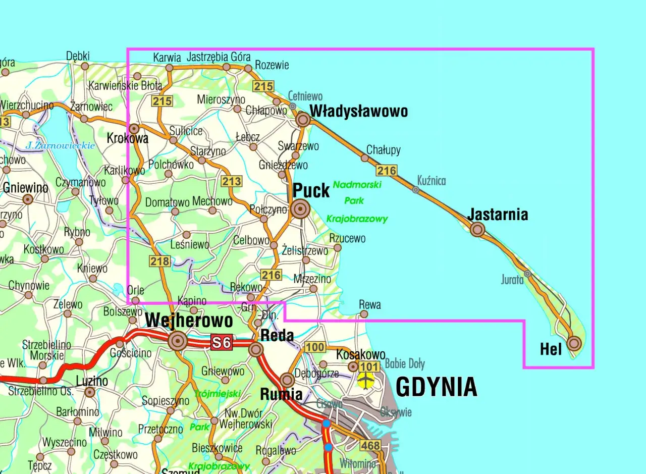 Mapa P&oacute;łwyspu Helskiego z zaznaczonymi miejscowościami