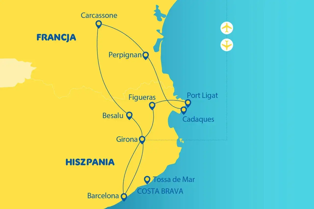 Mapa podróży po Francji i Hiszpanii, obejmująca wybrzeże Costa Brava i wybrzeże Morza Śródziemnego, z zaznaczonymi miastami i trasami.