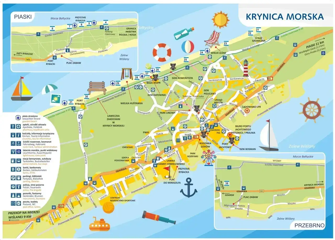 Mapa Krynicy Morskiej pokazuje plaże, porty, parki i atrakcje. Gdzie jest Krynica Morska? Na mapie zaznaczono ją jako główny punkt, z drogami prowadzącymi do Piasków i Przebrna.