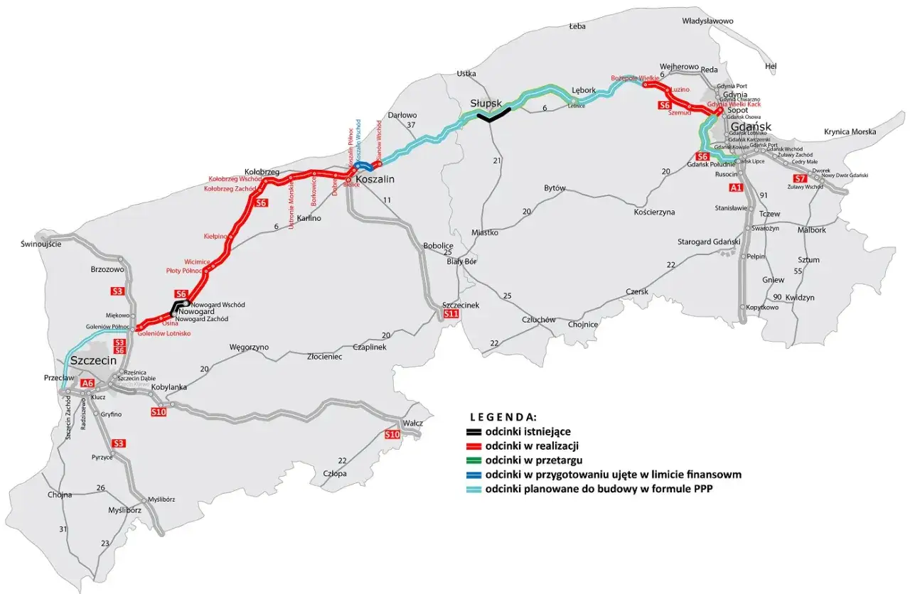 Mapa trasy S6 Szczecin Kołobrzeg lub samoch&oacute;d na drodze ekspresowej S6
