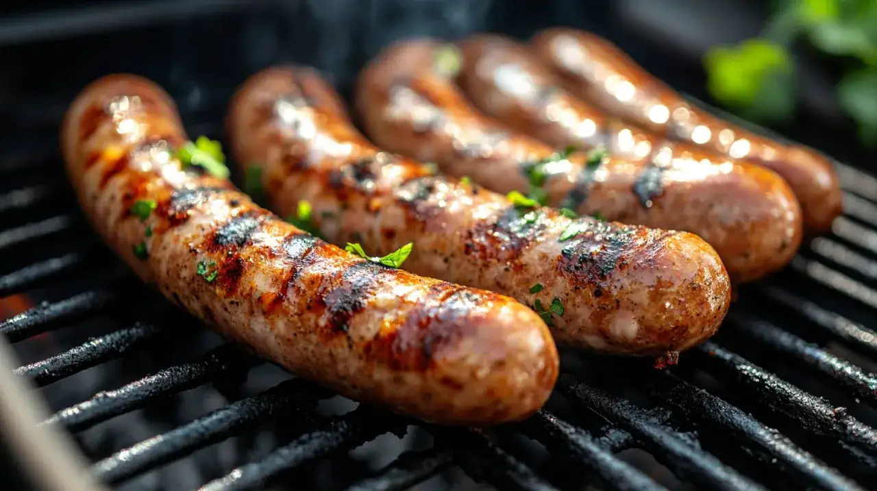 Soczysta kiełbasa na grilla, rumiana i posypana ziołami, kusi apetycznym wyglądem. Idealna na letnie spotkania.