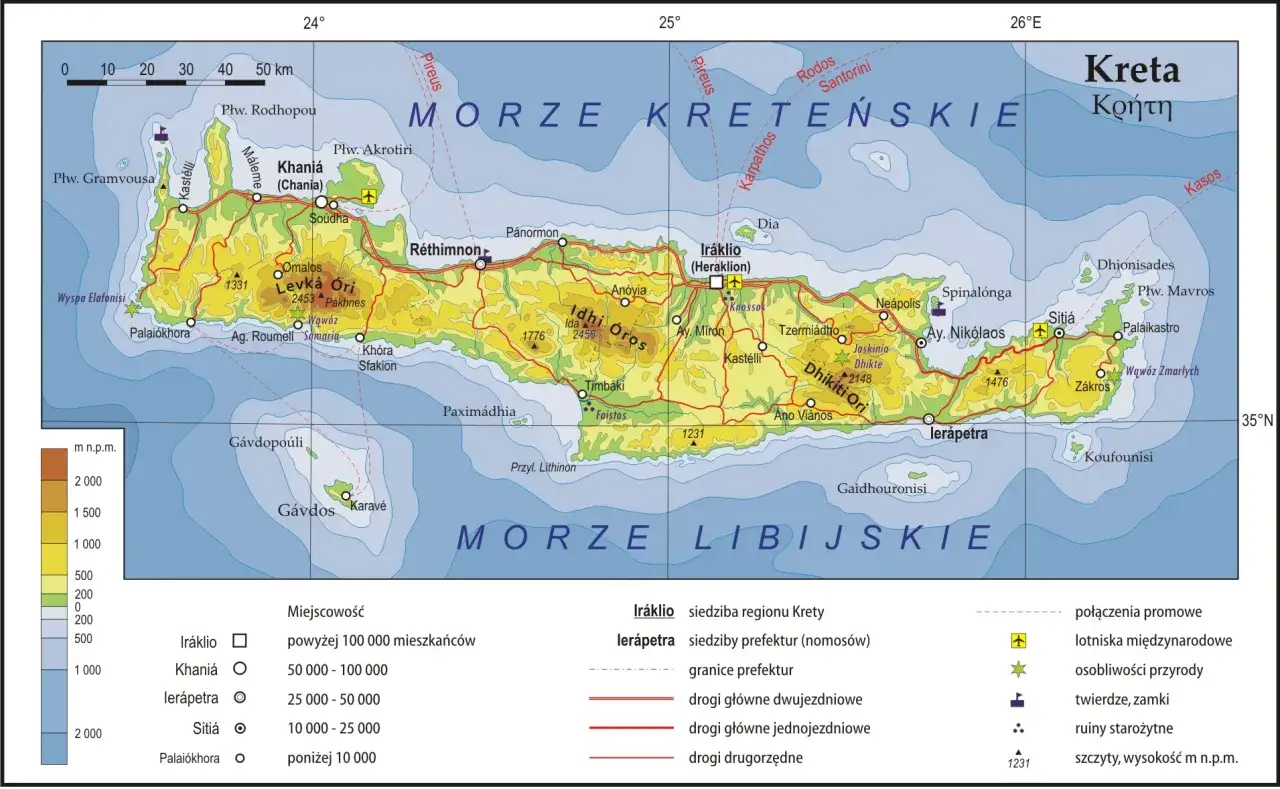 Mapa Krety z zaznaczonym Morzem Kreteńskim i Libijskim
