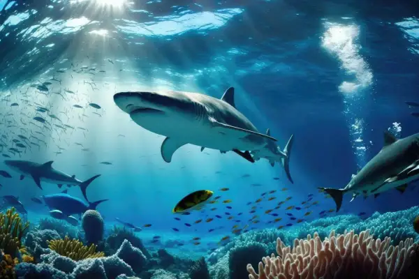 Rekin płynie w głębinach oceanu, otoczony ławicami ryb i koralowcami. To pokazuje, czym się różni morze od oceanu – ogromem i dzikością.