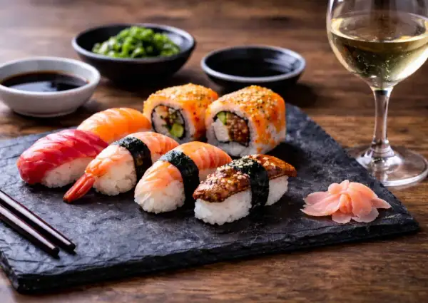 Pyszne sushi z łososiem, krewetką i węgorzem, podane z imbirem, sosem sojowym i kieliszkiem białego wina. Idealne na wieczór.