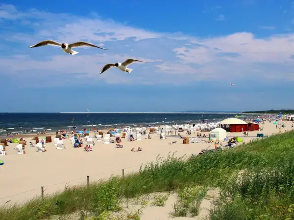 Słoneczny dzień na plaży w Sopocie. Woda w Bałtyku ma przyjemną temperaturę, idealną do kąpieli. Mewy szybują nad tłumem plażowiczów.