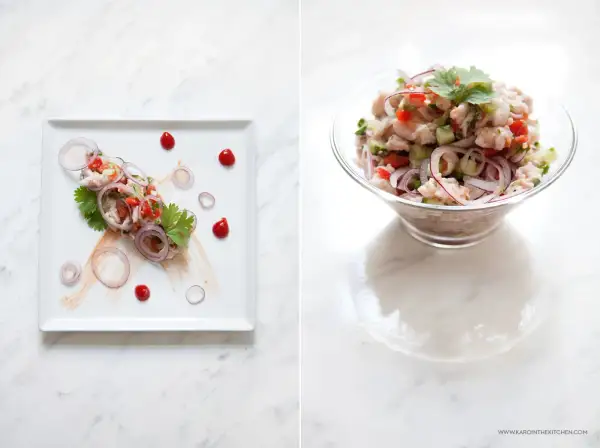 Pyszne ceviche z ryby, pomidorów, ogórka i czerwonej cebuli, podane na talerzu i w misce.
