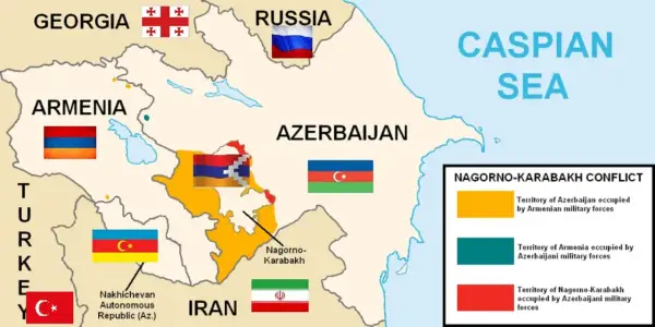 Mapa Kaukazu z zaznaczonym konfliktem o Karabach. Pokazuje granice Armenii, Azerbejdżanu, Gruzji, Rosji, Turcji i Iranu.