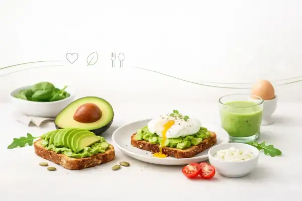 Pyszne awokado na śniadanie: tosty z awokado i jajkiem w koszulce, smoothie, świeży szpinak i ser feta. Idealny start dnia!